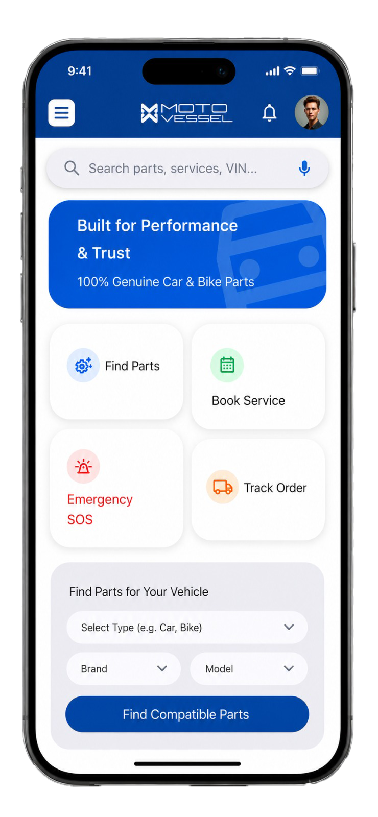 MotoVessel app vehicle finder screen